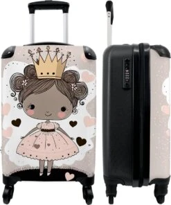 NoBoringSuitcases.com® Kinderkoffer - Trolley Op Wieltjes - Prinses - Hartjes - Kroon - Roze - Meisjes - Koffer Meisje - Past Binnen 55x40x20 Cm En 55x35x25 Cm - Reiskoffer - Fotokoffer