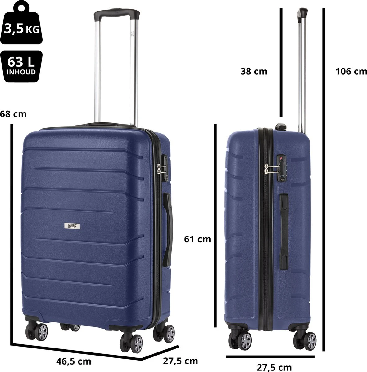 TravelZ Big Bars Reiskoffer 68 Cm Met Dubbele Wielen - Trolley Koffer Met TSA-slot - Blauw 7 TravelZ Big Bars Reiskoffer 68 Cm Met Dubbele Wielen - Trolley Koffer Met TSA-slot - Blauw - Afbeelding 5