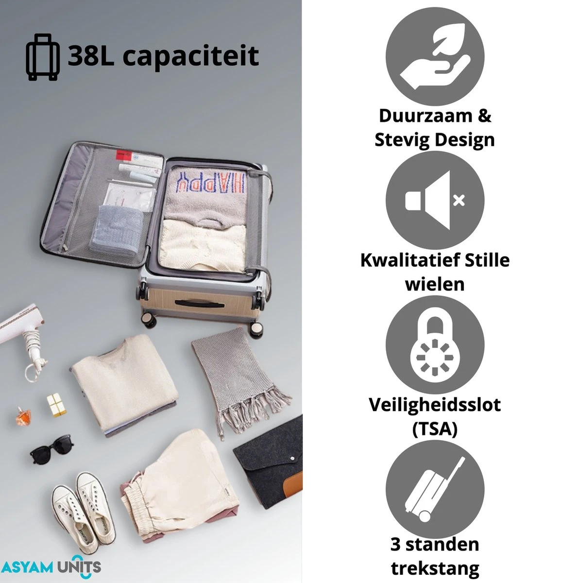 Asyam Units- Handbagage- Invouwbaar- Koffer- Koffer 38L- Spinner Wielen- TSA Slot- Lichtgewicht- Zwart 7 Asyam Units- Handbagage- Invouwbaar- Koffer- Koffer 38L- Spinner Wielen- TSA Slot- Lichtgewicht- Zwart - Afbeelding 5