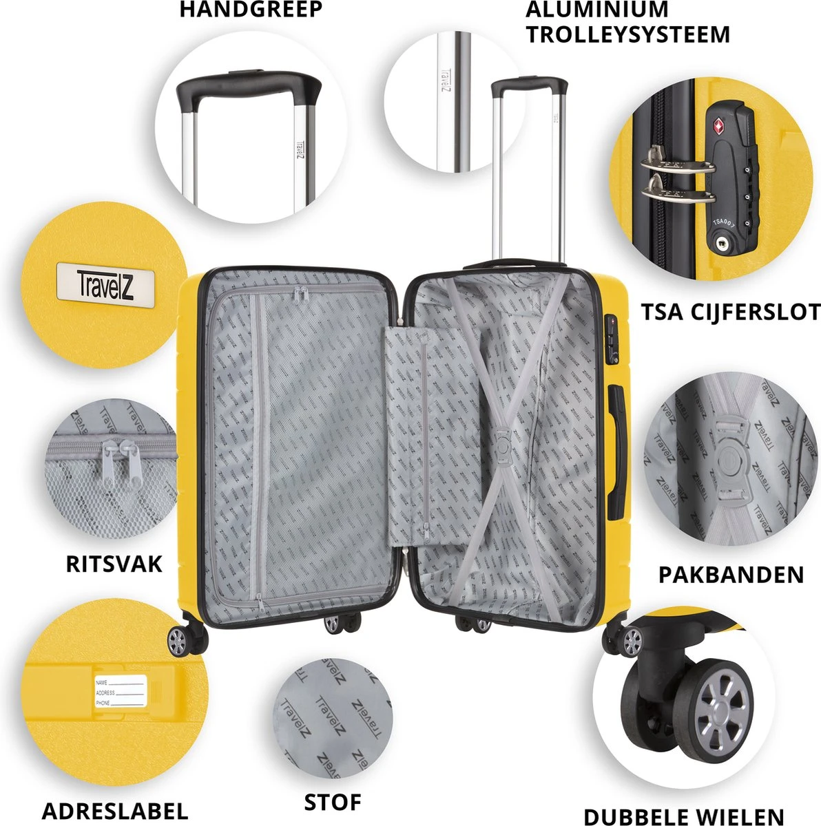 TravelZ Big Bars Kofferset - Trolleyset 3-delig Met TSA-slot - Geel 6 TravelZ Big Bars Kofferset - Trolleyset 3-delig Met TSA-slot - Geel - Afbeelding 4