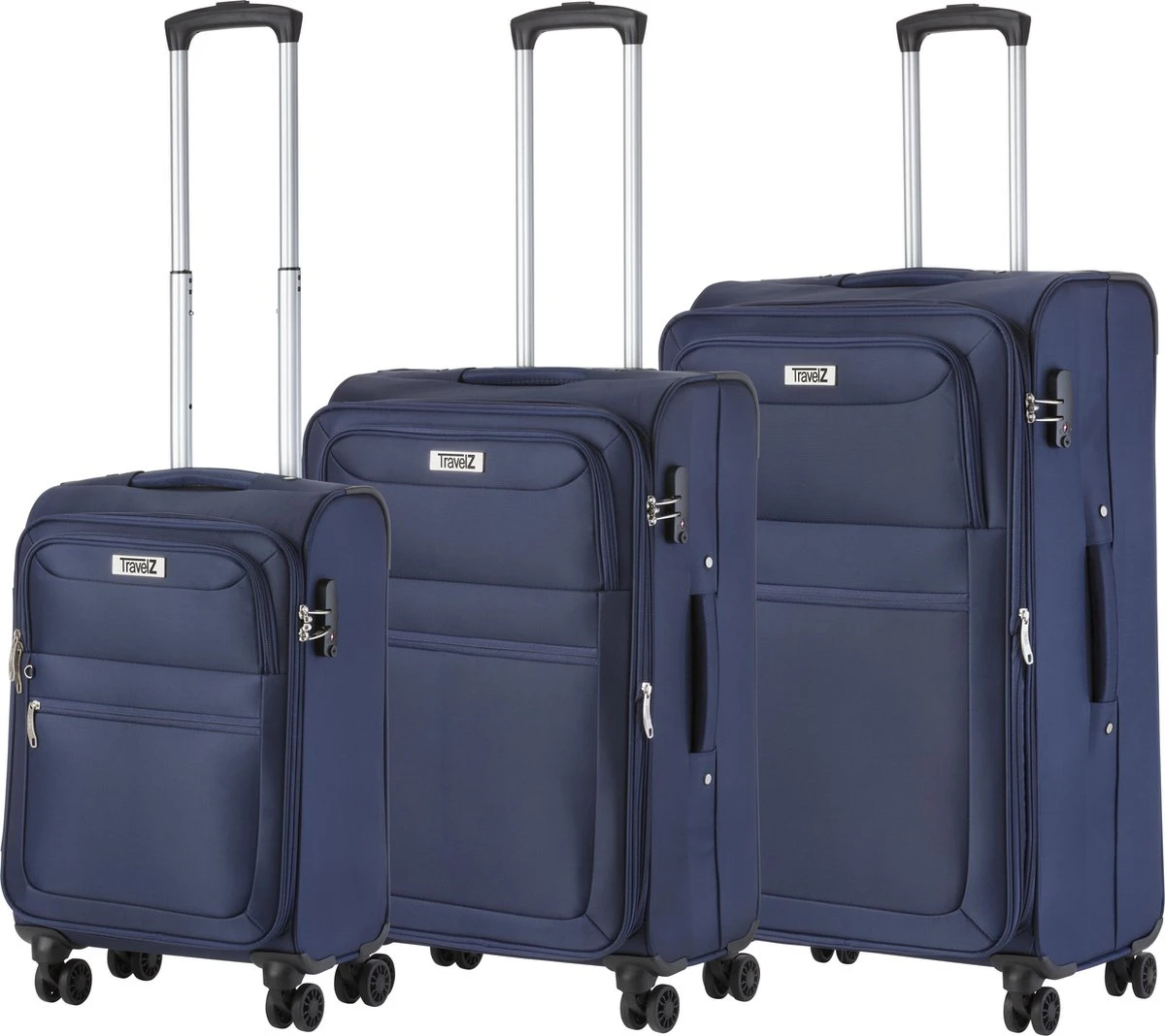 TravelZ Softspinner TSA Kofferset - 3-delige Zachte Trolleyset - Dubbele Wielen En Voorvakken Blauw 3 TravelZ Softspinner TSA Kofferset - 3-delige Zachte Trolleyset - Dubbele Wielen En Voorvakken Blauw