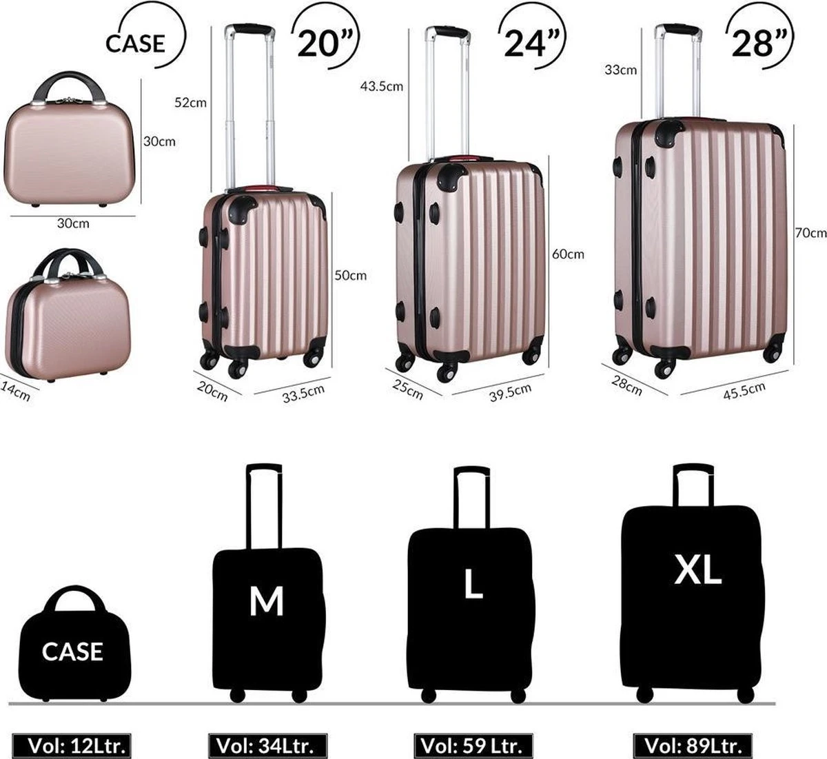 Monzana Hardcase Kofferset 4 Delig - Baseline Beautycase/M/L/XL - Rosé 9 Monzana Hardcase Kofferset 4 Delig - Baseline Beautycase/M/L/XL - Rosé - Afbeelding 7