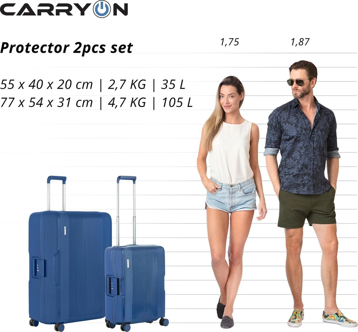 CarryOn Protector Luxe 2-delige Kofferset - TSA Trolleyset Handbagage En Groot - Kliksloten - Ultralicht - Blauw 8 CarryOn Protector Luxe 2-delige Kofferset - TSA Trolleyset Handbagage En Groot - Kliksloten - Ultralicht - Blauw - Afbeelding 6