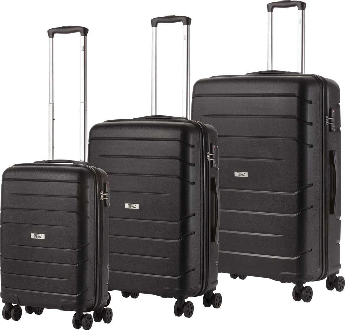 TravelZ Big Bars Kofferset - Trolleyset 3-delig Met TSA-slot - Zwart 9 TravelZ Big Bars Kofferset - Trolleyset 3-delig Met TSA-slot - Zwart - Afbeelding 7