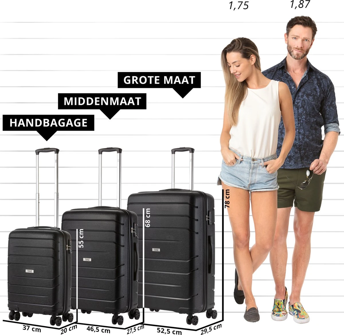 TravelZ Big Bars Kofferset - Trolleyset 3-delig Met TSA-slot - Zwart 8 TravelZ Big Bars Kofferset - Trolleyset 3-delig Met TSA-slot - Zwart - Afbeelding 6