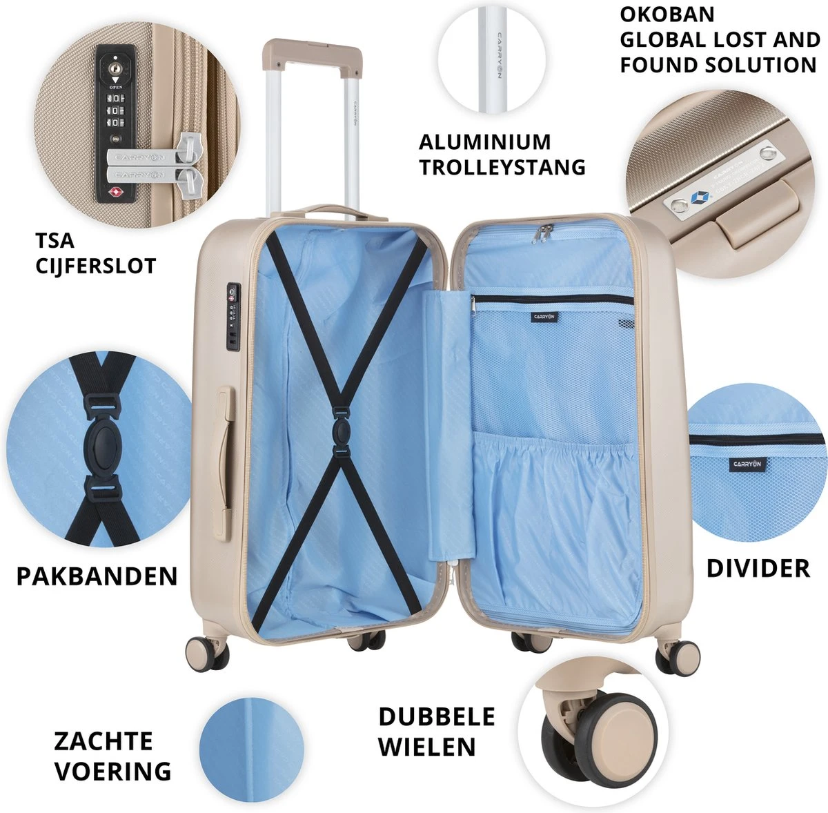 CarryOn Skyhopper Reiskoffer - 78cm TSA Trolley Met OKOBAN - Dubbele Wielen - Champagne 6 CarryOn Skyhopper Reiskoffer - 78cm TSA Trolley Met OKOBAN - Dubbele Wielen - Champagne - Afbeelding 4