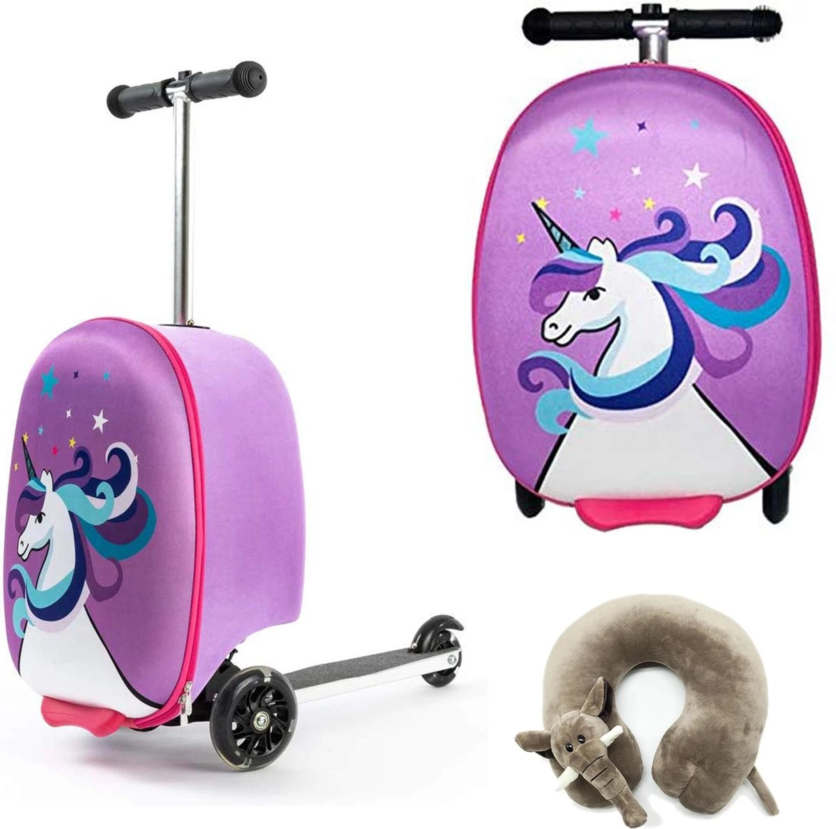 Kinderstep | Reiskoffer Met Wielen - FDBW - Koffer Kinderen | Paarse Eenhoorn | Step Met 3 Wielen - Bouncy Box 50 Kilo 40x20x25 Cm + Nekkussen Vliegtuig 3 Kinderstep | Reiskoffer Met Wielen - FDBW - Koffer Kinderen | Paarse Eenhoorn | Step Met 3 Wielen - Bouncy Box 50 Kilo 40x20x25 Cm + Nekkussen Vliegtuig