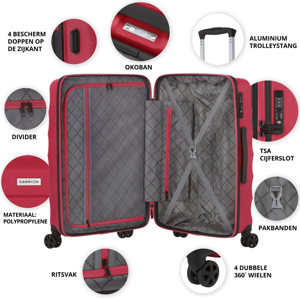 CarryOn Porter ® Reiskoffer - 66cm Trolley Met TSA-slot - OKOBAN Registratie - Rood 4 CarryOn Porter ® Reiskoffer - 66cm Trolley Met TSA-slot - OKOBAN Registratie - Rood - Afbeelding 2