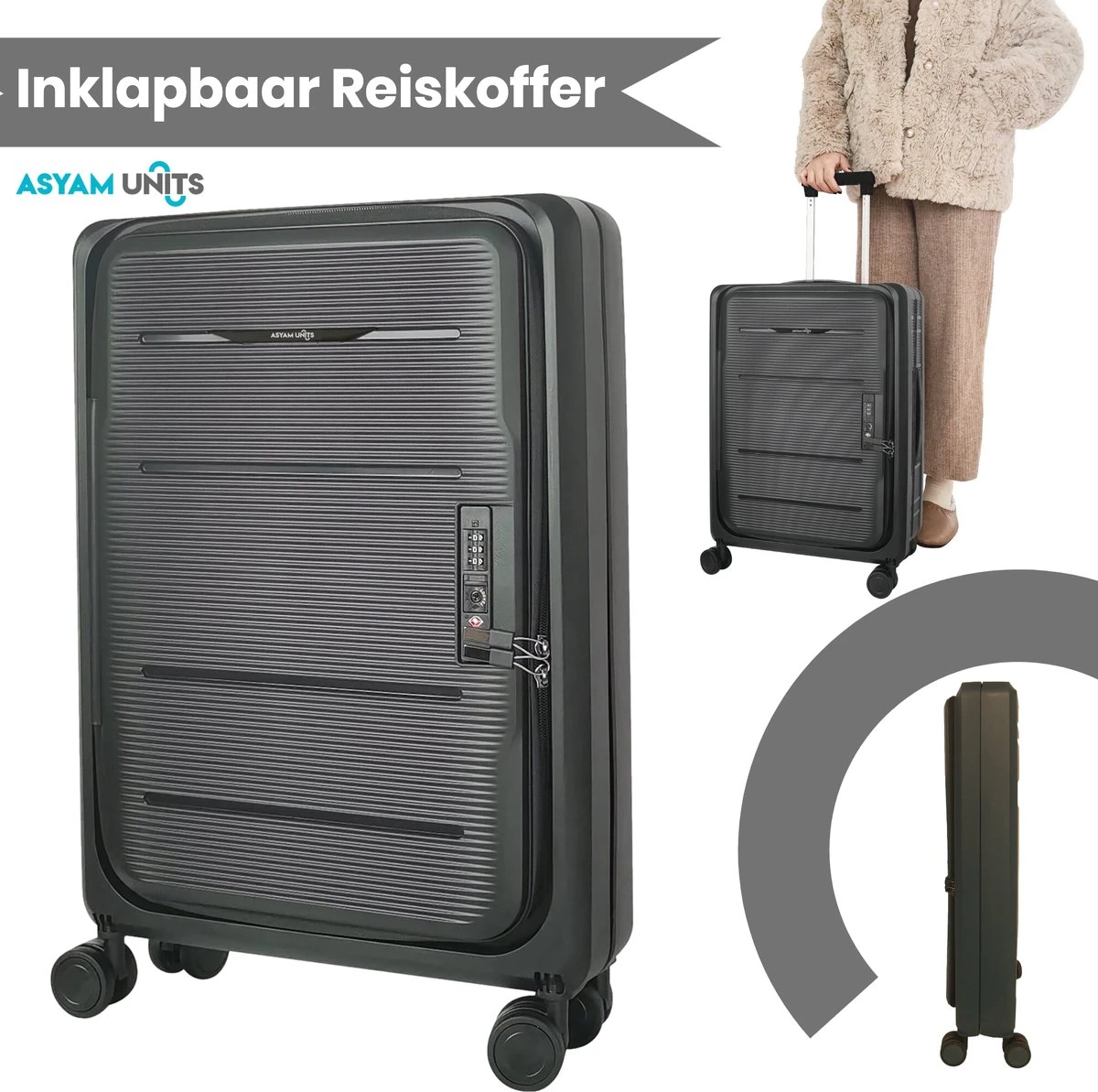 Asyam Units- Handbagage- Invouwbaar- Koffer- Koffer 38L- Spinner Wielen- TSA Slot- Lichtgewicht- Zwart 3 Asyam Units- Handbagage- Invouwbaar- Koffer- Koffer 38L- Spinner Wielen- TSA Slot- Lichtgewicht- Zwart
