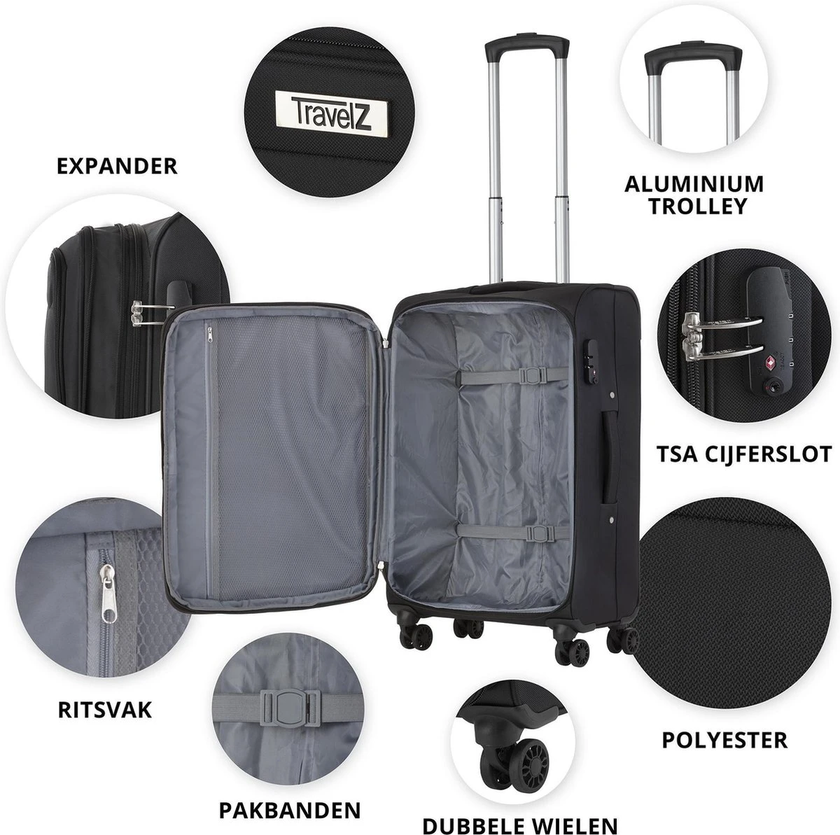 Travelz Softspinner TSA Reiskoffer 67cm - Zachte Reiskoffer Met Expander - Zwart 6 Travelz Softspinner TSA Reiskoffer 67cm - Zachte Reiskoffer Met Expander - Zwart - Afbeelding 4
