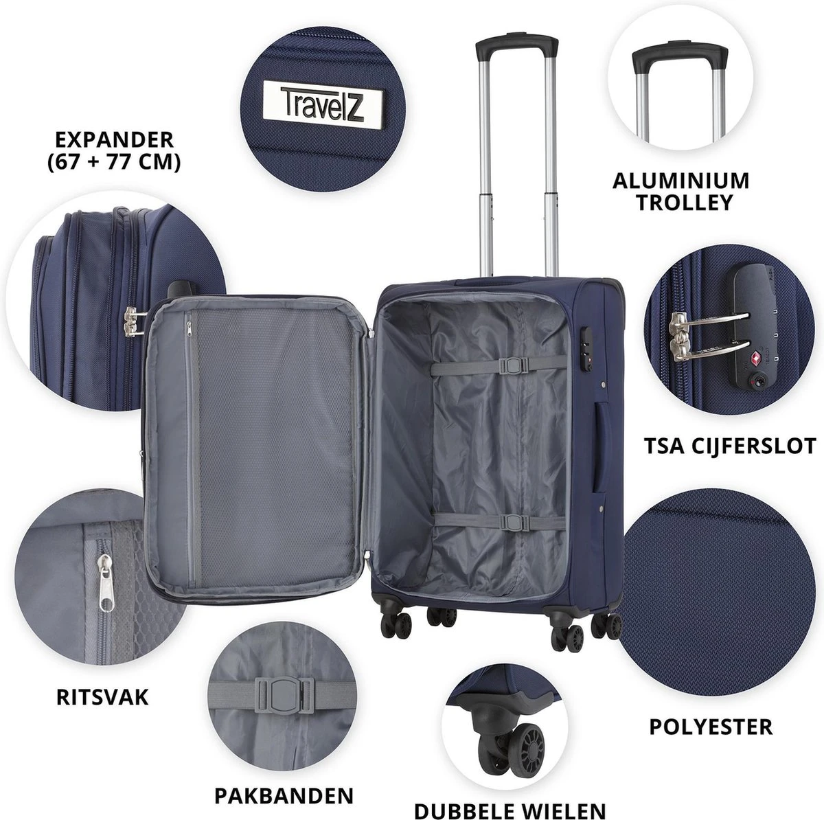 TravelZ Softspinner TSA Kofferset - 3-delige Zachte Trolleyset - Dubbele Wielen En Voorvakken Blauw 6 TravelZ Softspinner TSA Kofferset - 3-delige Zachte Trolleyset - Dubbele Wielen En Voorvakken Blauw - Afbeelding 4