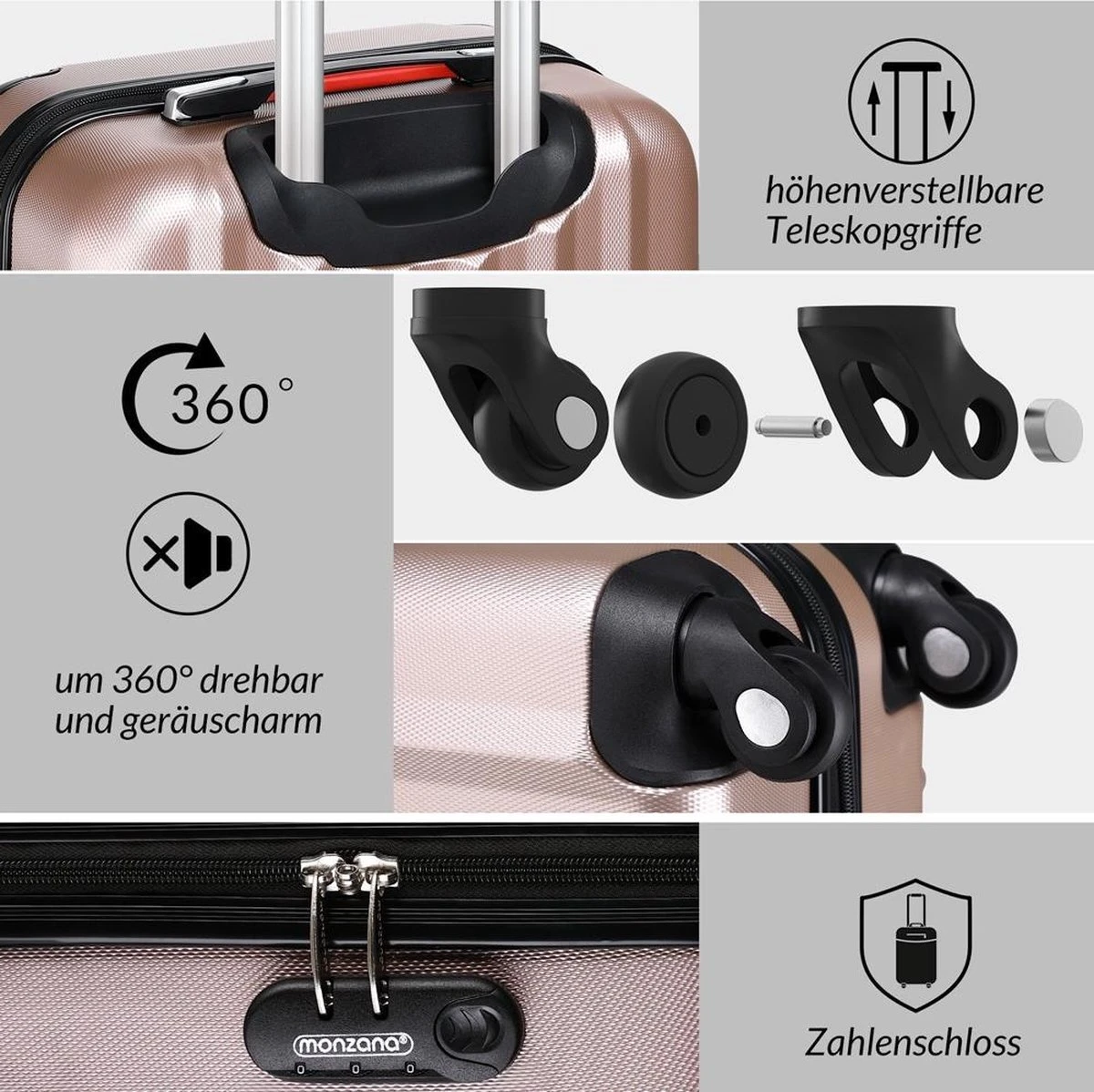 Monzana Hardcase Kofferset 4 Delig - Baseline Beautycase/M/L/XL - Rosé 14 Monzana Hardcase Kofferset 4 Delig - Baseline Beautycase/M/L/XL - Rosé - Afbeelding 12