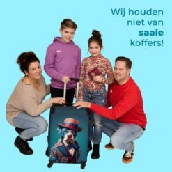 NoBoringSuitcases.com® Koffer Groot - Hond - Hoed - Colbert - Bloemen - Blauw - Trolley Koffer Met TSA-slot - Met Wielen - 90 Liter - Reiskoffer - 66 Cm -Bagageopslag 1200x1200 1606