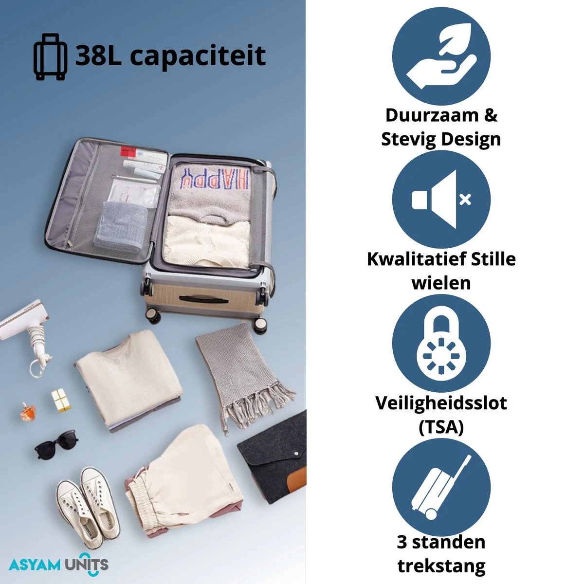 Asyam Units- Handbagage- Invouwbaar- Koffer- Koffer 38L- Spinner Wielen- TSA Slot- Lichtgewicht- Blauw 7 Asyam Units- Handbagage- Invouwbaar- Koffer- Koffer 38L- Spinner Wielen- TSA Slot- Lichtgewicht- Blauw - Afbeelding 5