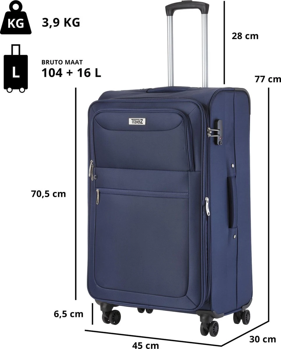 TravelZ Softspinner TSA Kofferset - 3-delige Zachte Trolleyset - Dubbele Wielen En Voorvakken Blauw 9 TravelZ Softspinner TSA Kofferset - 3-delige Zachte Trolleyset - Dubbele Wielen En Voorvakken Blauw - Afbeelding 7